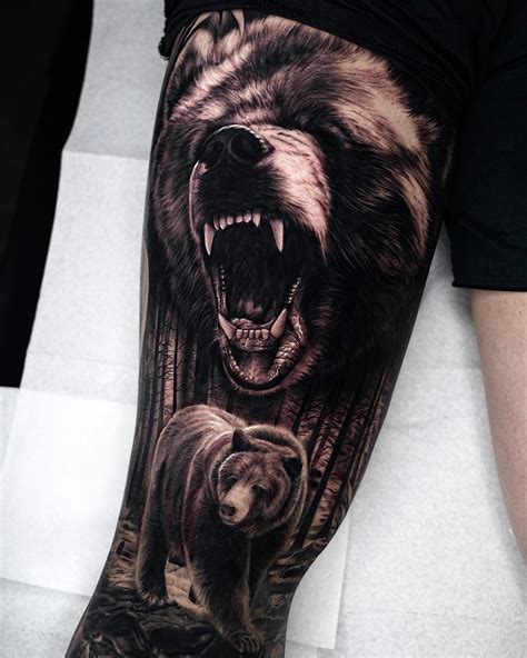 bear tattoo thigh|bear sleeve tattoo.